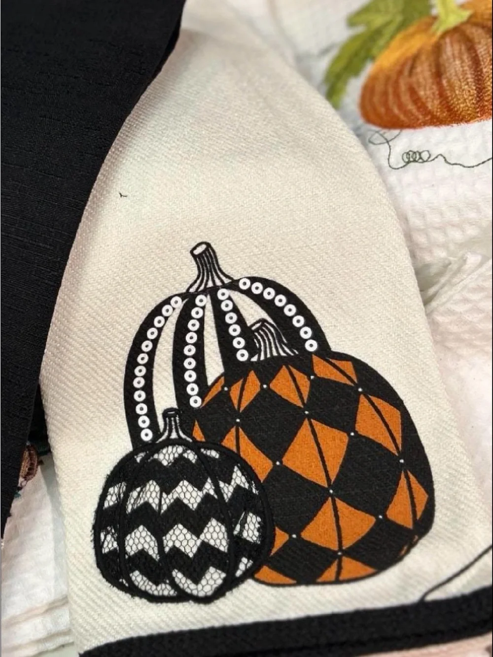 Fall Sequin Pumpkin Kitchen Towels - Black & Orange on Cream